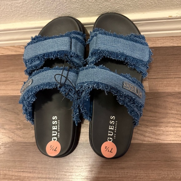 Guess Blue Denim Frayed Slide Sandals - Picture 13 of 13